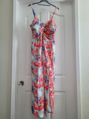 Grace Karin Coral Blue White Floral Midi Dress with Spaghetti Straps Large